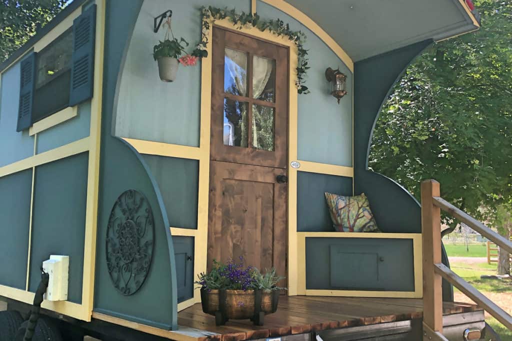 glamping caravan while Glamping in 
Idaho, view of the entrance of the gypsy caravan