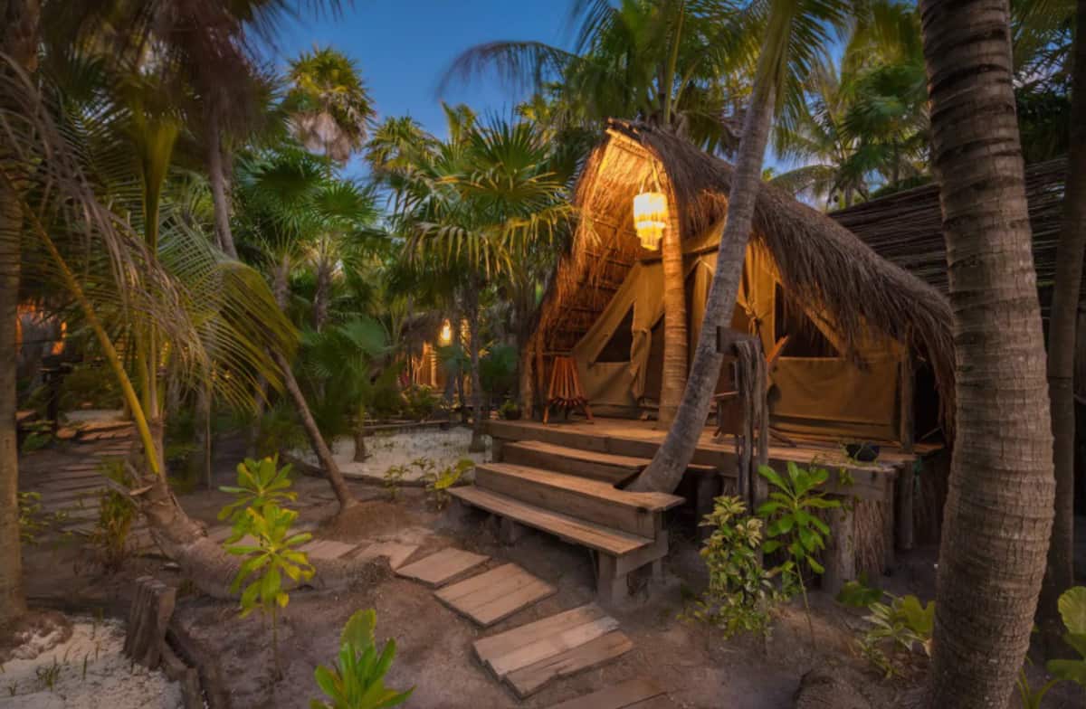 Glamping tent at night