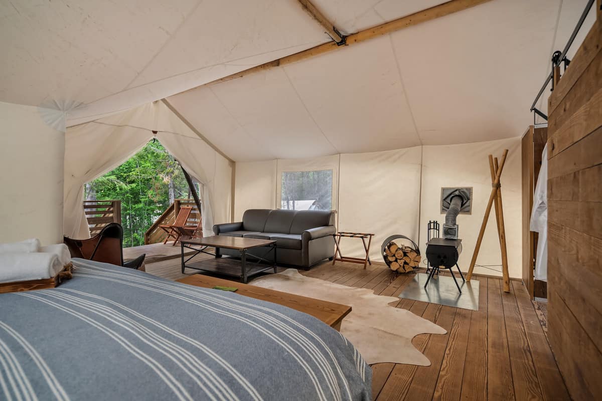 Interior of a canvas glamoing tent in Glacier